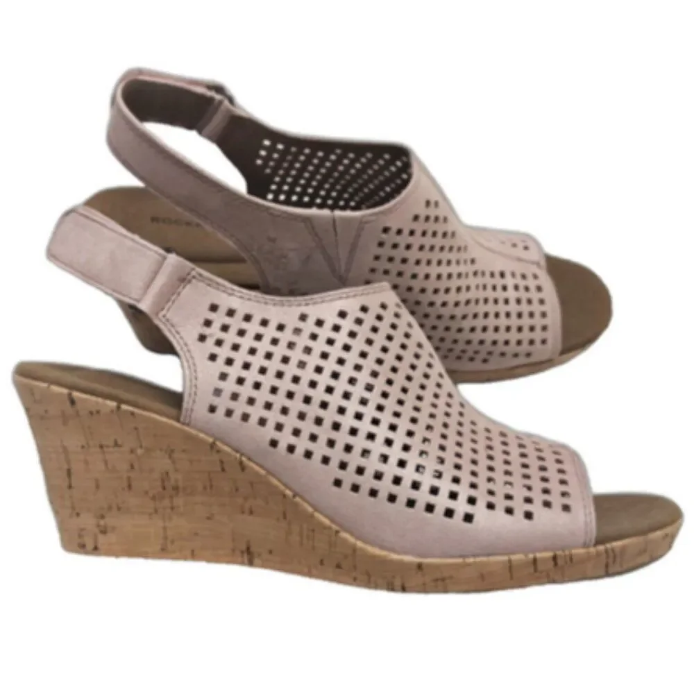 ROCKPORT Briah Perforated Slingback Cork Wedge Leather Sandal Pink Shimmer 9 NEW